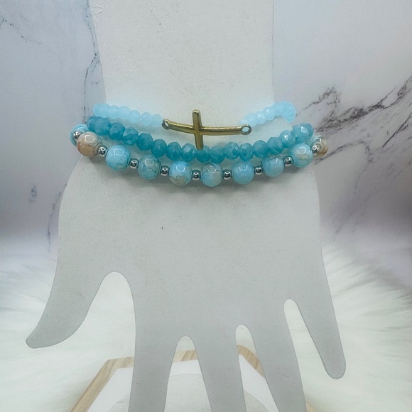 Stainless Steel Cross beaded Arm Candy  Bracelet -  Blue Marine - Picture 4 of 6